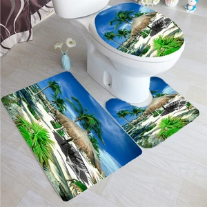 Three-piece bathroom mat set featuring tropical beach scenery with palm trees and blue sky