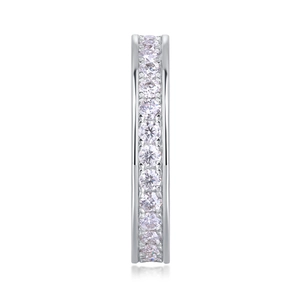 Detailed side view of S925 sterling silver ring with sparkling round moissanite stones