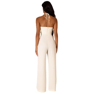 Sexy white backless halter jumpsuit for women with long straight wide legs and sleek fit