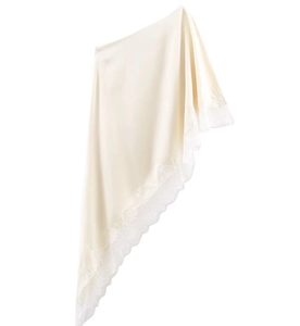 Close-up of champagne satin fabric featuring intricate white lace trim embroidery detail