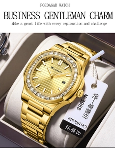 Detail showing the gold square watch bezel set with baguette-cut white zircon crystals