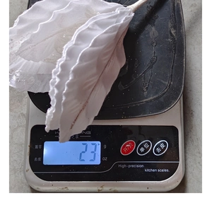 Close-up of white sequin Christmas flower on a digital scale showing 23g weight