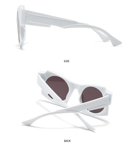 Side and back view of avant-garde geometric white sunglasses with dark round lenses