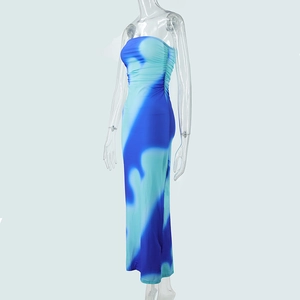 Detailed side view of bodycon tube dress with blue gradient tie-dye and side ruching