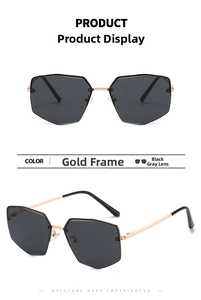 Detail of rimless hexagonal sunglasses featuring gold metal temples and dark gray lenses