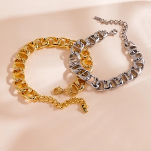 Hip Hop Stainless Steel Bold Chain Bracelet 14K Gold Plated Thick Link Bracelet For Men Women Unisex Punk Jewelry