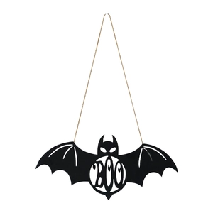 Halloween black BOO bat door sign made of wrought iron with hanging rope for wall decor