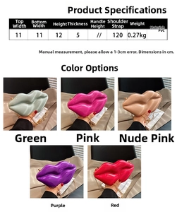 Detailed size specifications for creative lip-shaped PVC crossbody bags in multiple colors