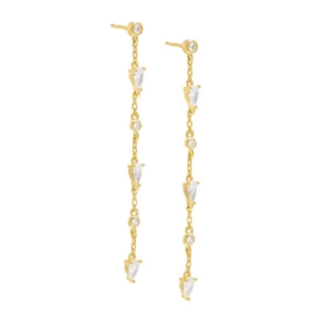 Detail of S925 silver gold tassel earrings featuring clear pear cut crystals and pearls