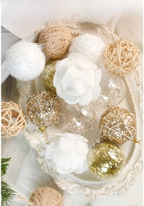 Detail of assorted white and gold Christmas balls including glitter, knit and floral textures