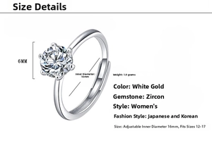 Detail of adjustable silver ring featuring a 6mm round zircon in a six-prong setting