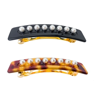 Elegant tortoise shell and black pearl barrette hair clips set with gold metal clasp