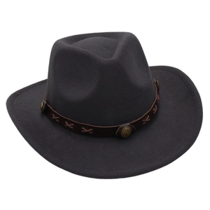 Detail of dark grey cowboy hat featuring a brown leather band with metal rivets