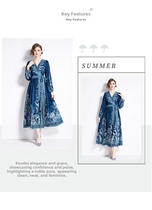 Detail of ethnic print V-neck maxi dress with waist tie and paisley pattern in navy blue
