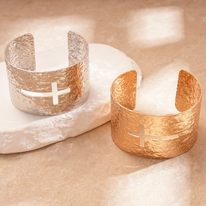 Textured hammered metal cuff bracelets with cross cutout in gold and silver finish