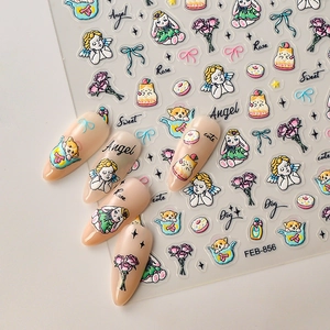 3D embossed garden rose nail art stickers featuring cute rabbits and angel patterns