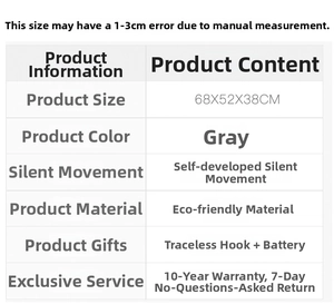 Detailed specification chart for silent wall clock showing size 68x52cm and gray eco-material