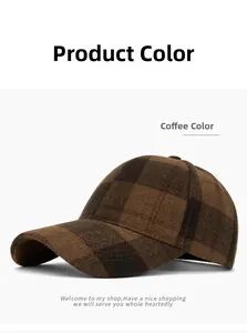 Detailed close-up of retro plaid baseball cap in coffee brown with thick woolen texture