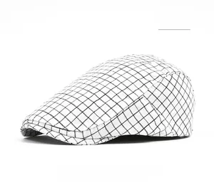 Side view of white plaid flat cap showing fine checkered pattern and breathable fabric