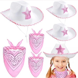 White cowboy hat with pink sequin stars and matching paisley bandana for costume sets