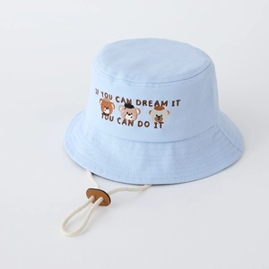 Close-up of three cute bears embroidery and chin strap on a sky blue cotton bucket hat