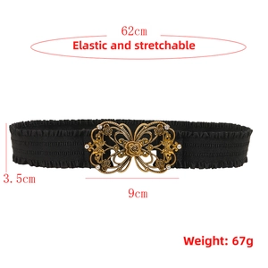 Elegant vintage black elastic bow belt with 3.5cm width and antique gold metal buckle