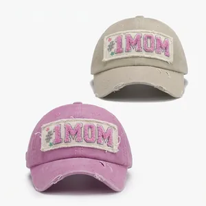 Distressed cotton baseball cap with #1 MOM patch in beige and pink color options