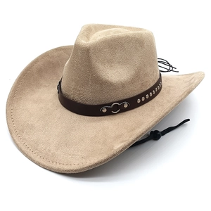 Classic western cowboy hat in tan suede with silver studs and adjustable chin strap