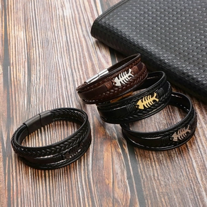 Handmade multilayer braided leather men's bracelet with metal fishbone and magnetic clasp