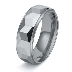Bague pour homme en acier tungstène argenté avec motif géométrique texturé cubique
