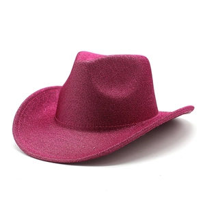 Detailed view of magenta sequin cowboy hat with sparkling glitter texture and curved brim