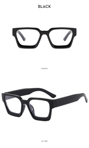 Front and 45-degree side views of black square chunky frame sunglasses with wide temples