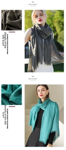 Detail showing the fine texture and fringed edges of a grey and teal linen cotton scarf