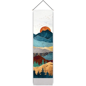 Vertical wall scroll showing landscape sunrise painting with wooden bar and tassels