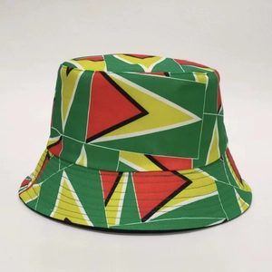 Close-up of Guyana flag pattern on bucket hat with green, yellow and red fabric detail