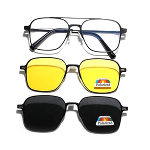 Polarized square sunglasses set with magnetic metal frame and two clip-on lenses