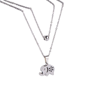 Double-layer silver stainless steel necklace with hollow elephant pendant and polished bead