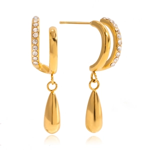Boucles d'oreilles créoles C dorées double rangée avec zircons et pendentifs goutte