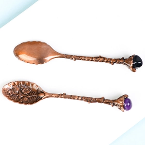 Retro bronze coffee spoons with branch handles and natural crystal stone inlay