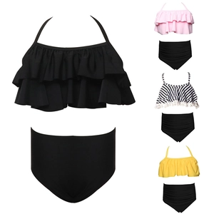 Girls Bikini Swimsuit Ruffle Halter High Waisted Nylon Tassel Pom Pom Beach Kids Swimwear Top And Bottom