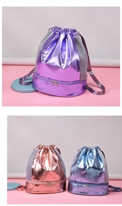 Detail view of pearlescent waterproof gym bags with drawstring closure and bottom shoe compartment