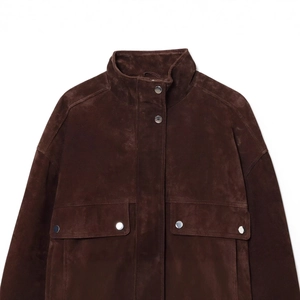 Dark brown faux suede bomber jacket with stand collar and metallic button pockets