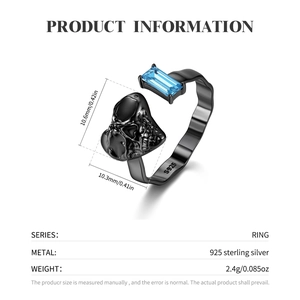 Gothic S925 sterling silver skull ring with rectangular blue gemstone and black finish