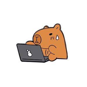 Cute Capybara metal brooch pin using a laptop, funny enamel badge for backpacks