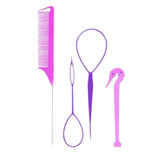 Professional 4-piece hair styling tool set with pink tail comb and purple pull hair needles