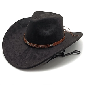 Detail of black western cowboy hat featuring silver star studs on brown leather band