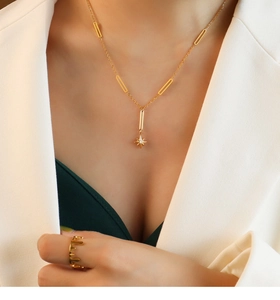 Close-up of gold starburst necklace and crown ring on model wearing white blazer