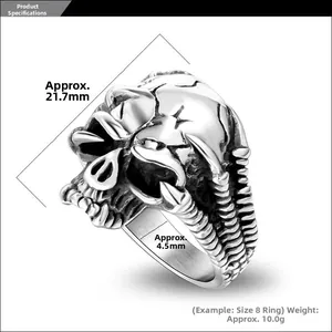 Detailed size chart of vintage skull ring showing 21.7mm height and 10.0g weight data