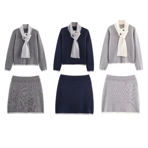 Sopra E Sotto In Maglia Casual Da Donna Scollo A Sciarpa Dettaglio Bottone Manica Lunga Gonna Lunga Outfit Moda INS
