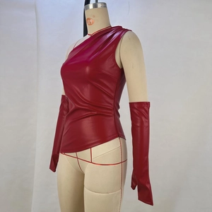 Detail of red PU leather asymmetrical vest with side zipper and matching long gloves